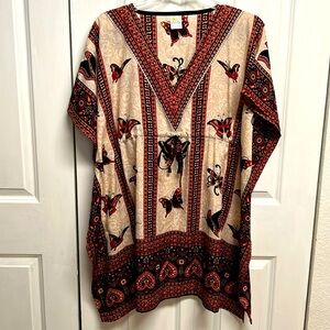 Rima Red Brown Butterfly Print square Beach Cover Up One Size